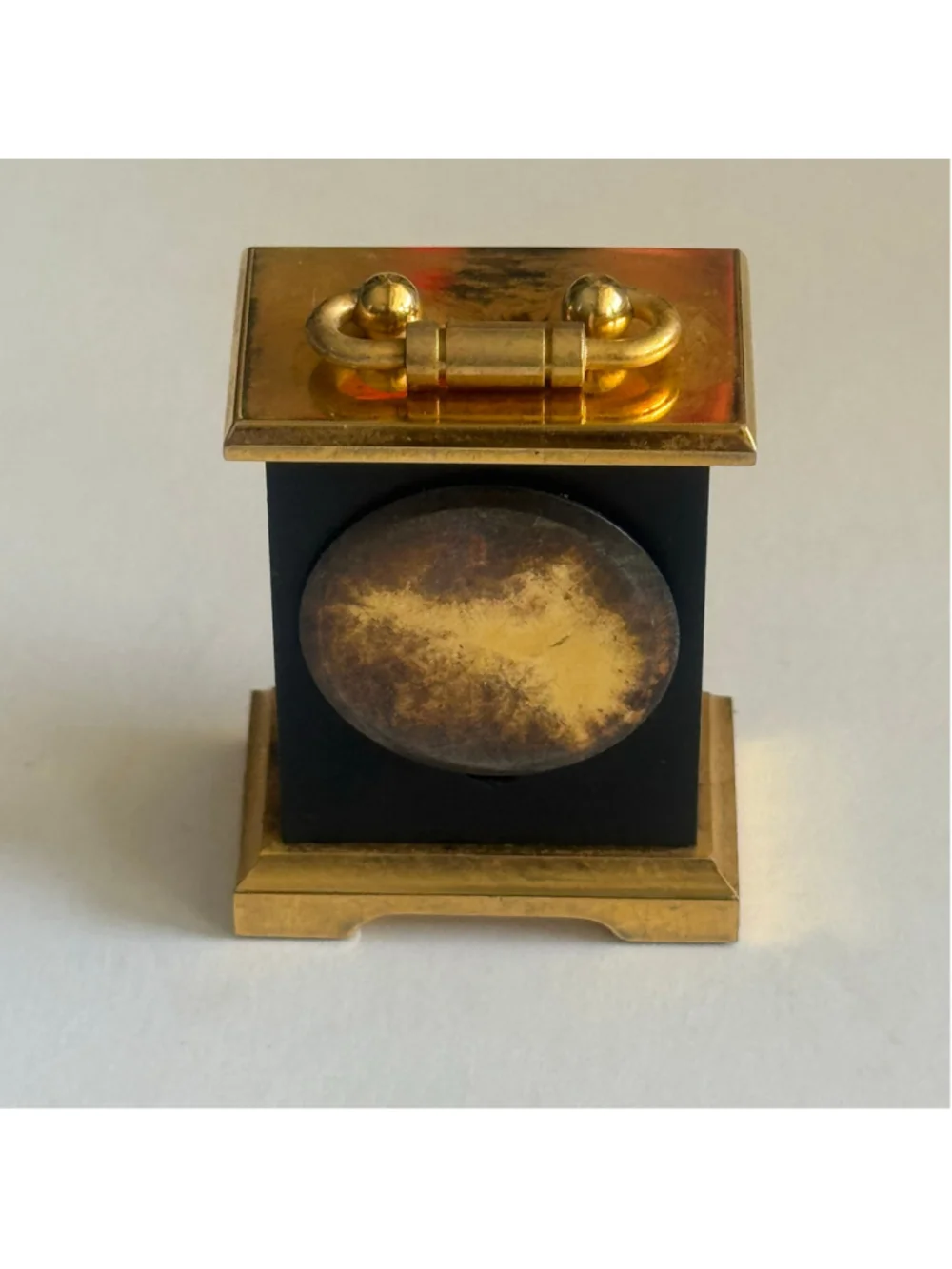 Vintage MCM Hong Kong Brass & Black Quartz Desk Clock Marble Accent